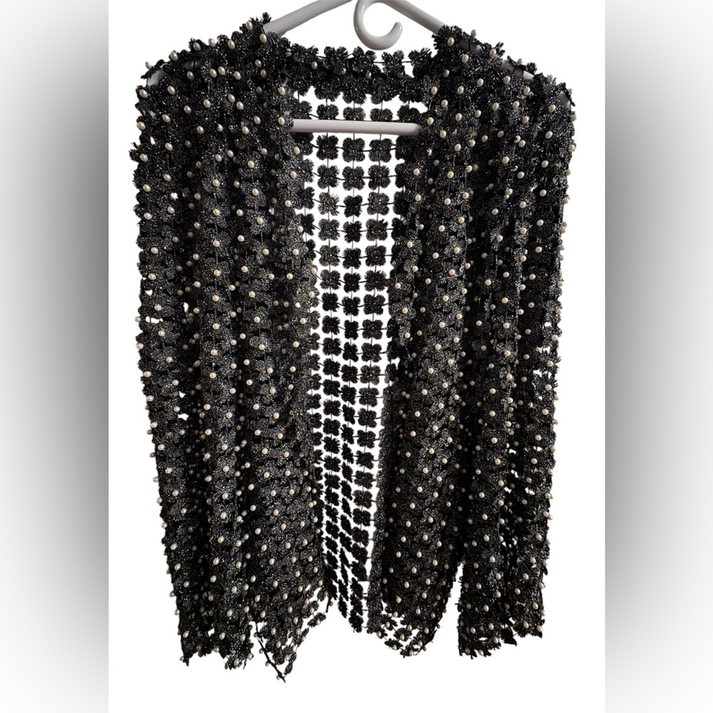 Boston Proper Black Floral Pearl Duster Cardigan